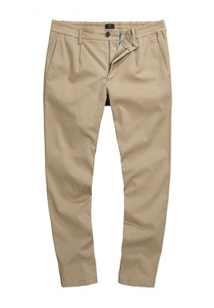 Kaki-Chinos aus glattem Stoff, mit einem elastischen Bund, Knopfverschluss und Seitentaschen. Gerades Bein-Design, schlichte Ausführung ohne Muster.