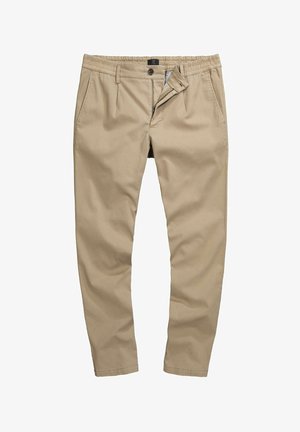 Kaki-Chinos aus glattem Stoff, mit einem elastischen Bund, Knopfverschluss und Seitentaschen. Gerades Bein-Design, schlichte Ausführung ohne Muster.