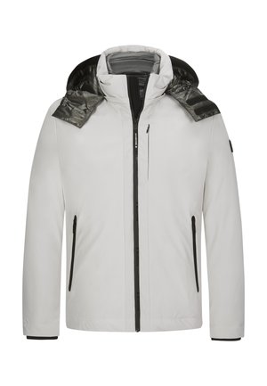 Hellgraue isolierte Jacke mit einer schwarzen Kapuze, Reißverschluss, zwei Seitentaschen und schwarzen Akzenten an den Schultern und Bündchen.