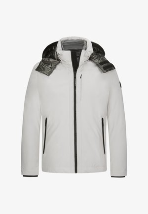 Hellgraue isolierte Jacke mit einer schwarzen Kapuze, Reißverschluss, zwei Seitentaschen und schwarzen Akzenten an den Schultern und Bündchen.