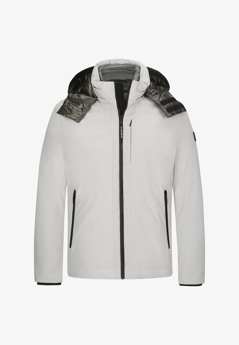 Hellgraue isolierte Jacke mit einer schwarzen Kapuze, Reißverschluss, zwei Seitentaschen und schwarzen Akzenten an den Schultern und Bündchen.