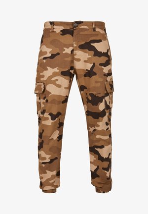 Brune camouflaget cargo bukser lavet af stof, med en løs pasform, sidelommer og elastiske manchetter ved anklerne.