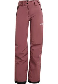 Waterproof hiking pants in muted burgundy, with a straight-leg design, zippered pockets, and black accents at the hem. Lightweight fabric.