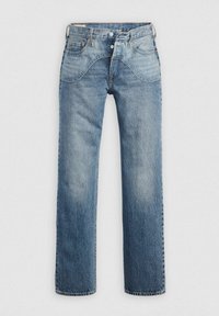 Jean en denim bleu délavé avec une coupe droite, design cinq poches, fermeture par bouton, et coutures contrastées. Texture lisse et coupe classique.