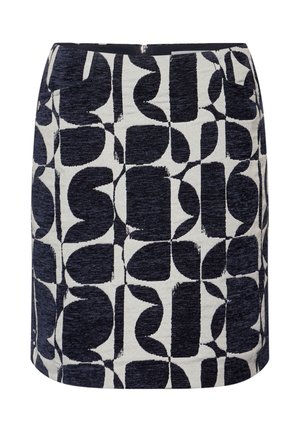 Jupe mi-longue à motif géométrique en noir et blanc, avec une fermeture éclair au dos et une coupe droite.