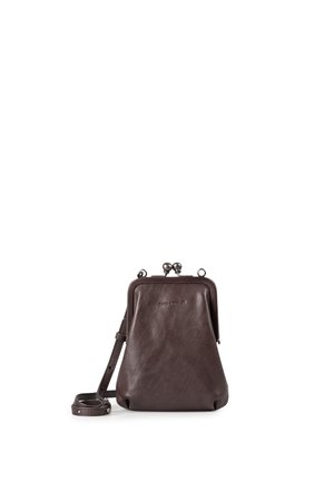 Dark brown leather crossbody bag with a clasp frame closure and an adjustable shoulder strap, standing upright on a white background.