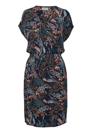 Navy floral dress made of lightweight fabric; features short sleeves, an elastic waistband, and a colorful leaf and flower pattern.