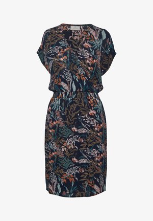 Mørkeblå blomsterkjole lavet af let materiale; har korte ærmer, elastisk talje og et farverigt blad- og blomstermønster.