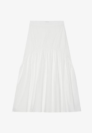 Witte, knie-lange rok van katoen. Heeft eenGathered detail bij de taille, een gladde textuur en een eenvoudige, klassieke A-lijn silhouet.