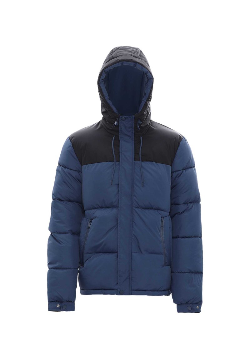 Dunkelblauer Steppjacke mit schwarzem Schulterpaneel, Kapuze, vorderem Reißverschluss und zwei Seitentaschen; quiltedes Design mit kastiger Form.