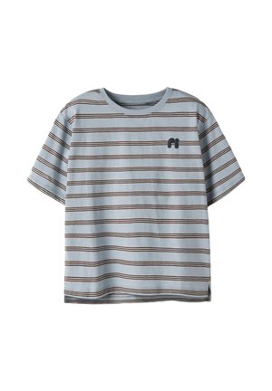 Light blue short-sleeve t-shirt with horizontal stripes in brown and white. Features a small black logo on the chest. Cotton material.