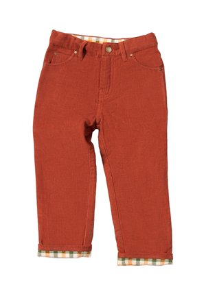 Rust-orange corduroy pants with a straight leg design, featuring a plaid cuff detail in orange, green, and white. Two front pockets included.