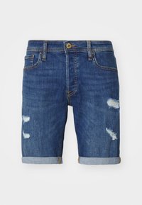 Dunkelblaue Jeansshorts mit beschädigten Stellen auf der Vorderseite, umgeschlagenen Säumen und kontrastierenden Nähten. Klassisches Fünf-Taschen-Design.
