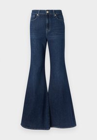 Jean en denim bleu foncé évasé avec une taille haute, doté d'une fermeture à boutons sur le devant et de coutures contrastantes le long des coutures.