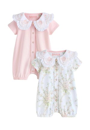 Two baby rompers with short sleeves and ruffled collars; one light pink, the other white with a delicate floral print.