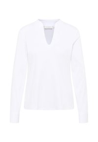 Maglietta bianca a maniche lunghe con scollatura a V, realizzata in un tessuto morbido, con una vestibilità rilassata e polsini con bottoni. Nessun motivo o dettaglio presente.