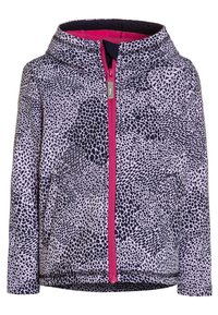 Kurtka z kapturem w fioletowo-czarny wzór, z różowym zamkiem błyskawicznym i teksturowaną tkaniną. Posiada boczne kieszenie i elastyczne mankiety.