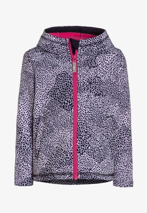 Kurtka z kapturem w fioletowo-czarny wzór, z różowym zamkiem błyskawicznym i teksturowaną tkaniną. Posiada boczne kieszenie i elastyczne mankiety.