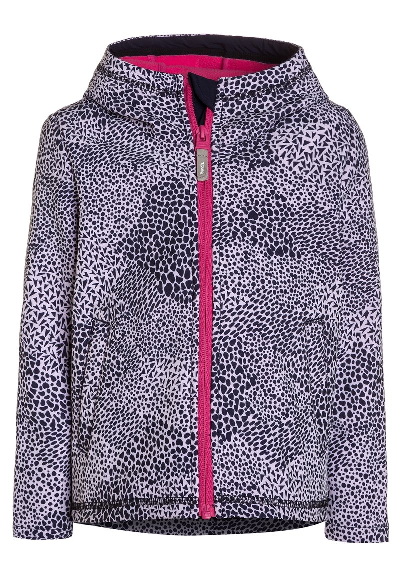 Kurtka z kapturem w fioletowo-czarny wzór, z różowym zamkiem błyskawicznym i teksturowaną tkaniną. Posiada boczne kieszenie i elastyczne mankiety.