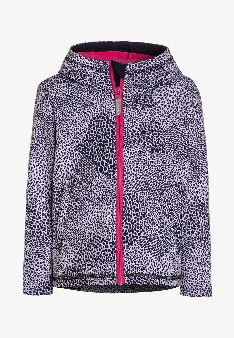 Kurtka z kapturem w fioletowo-czarny wzór, z różowym zamkiem błyskawicznym i teksturowaną tkaniną. Posiada boczne kieszenie i elastyczne mankiety.