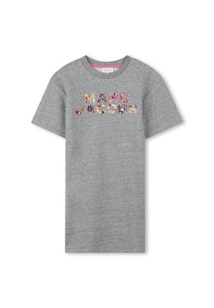 Grå bomull t-skjorte med korte ermer, med "MARC JACOBS" logo i fargerik blomstertrykk over brystet. Rund hals design.