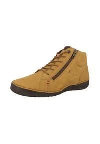 Botas de cuero marrón claro hasta el tobillo con acabado texturizado, parte delantera con cordones, cremallera lateral y suela de goma marrón contrastante. Detalle de costura roja presente.