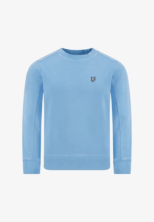 Felpa azzurro chiaro realizzata in morbido cotone. Scollo rotondo, maniche lunghe e un piccolo logo ricamato in bianco e nero sul petto.