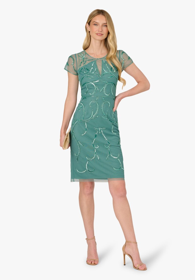 adrianna papell green slate dress Beaded Mesh Long Dress In Green Slate main image 0