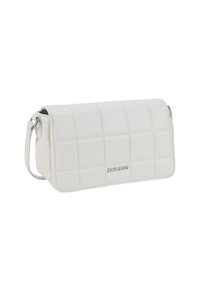 White quilted crossbody bag made of synthetic leather, featuring a flap closure and silver-tone hardware. Brand name embossed on front.