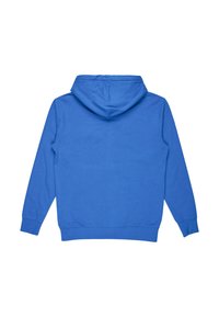 Blue cotton hoodie with a large hood, long sleeves, and ribbed cuffs. Smooth texture and simple design with no visible logos or patterns.