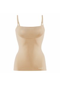 Top senza maniche color beige con spalline fine, realizzato in tessuto morbido. Presenta una forma aderente e un discreto logo del marchio vicino all'orlo.