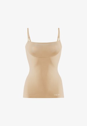 Beige ärmelloses Top mit Spaghetti-Trägern, aus glattem Stoff gefertigt. Es hat eine figurbetonte Form und ein dezentes Markenlogo nahe dem Saum.