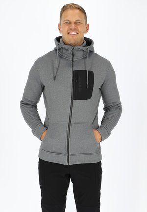 Gray zip-up hoodie with a black zippered chest pocket, drawstring hood, and kangaroo pockets, featuring a textured, soft fabric.