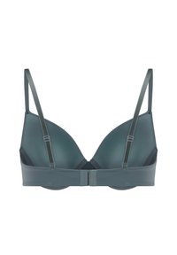 Niebiesko-szary, wyściełany biustonosz z regulowanymi ramiączkami i zapięciem na plecach na haftki, zaprezentowany na białym tle.