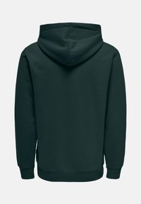 Mørkegrøn hoodie med snøre i hætten, lange ærmer, ribbede manchetter og en tekstureret stoffinish. Ingen frontdetaljer synlige.