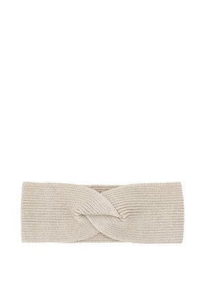 Beige gebreide hoofdband met een gedraaid knoopontwerp in het midden, breed en textuurrijk voor warmte en stijl.