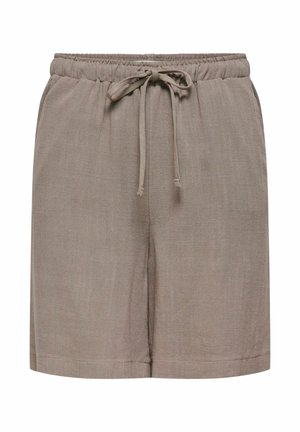 Pantalones cortos informales de color topo con cintura elástica y cordón frontal ajustable, con un corte holgado y longitud hasta la mitad del muslo.