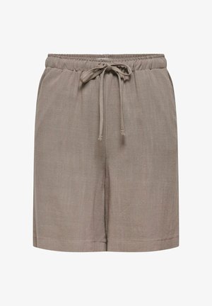 Pantalones cortos informales de color topo con cintura elástica y cordón frontal ajustable, con un corte holgado y longitud hasta la mitad del muslo.