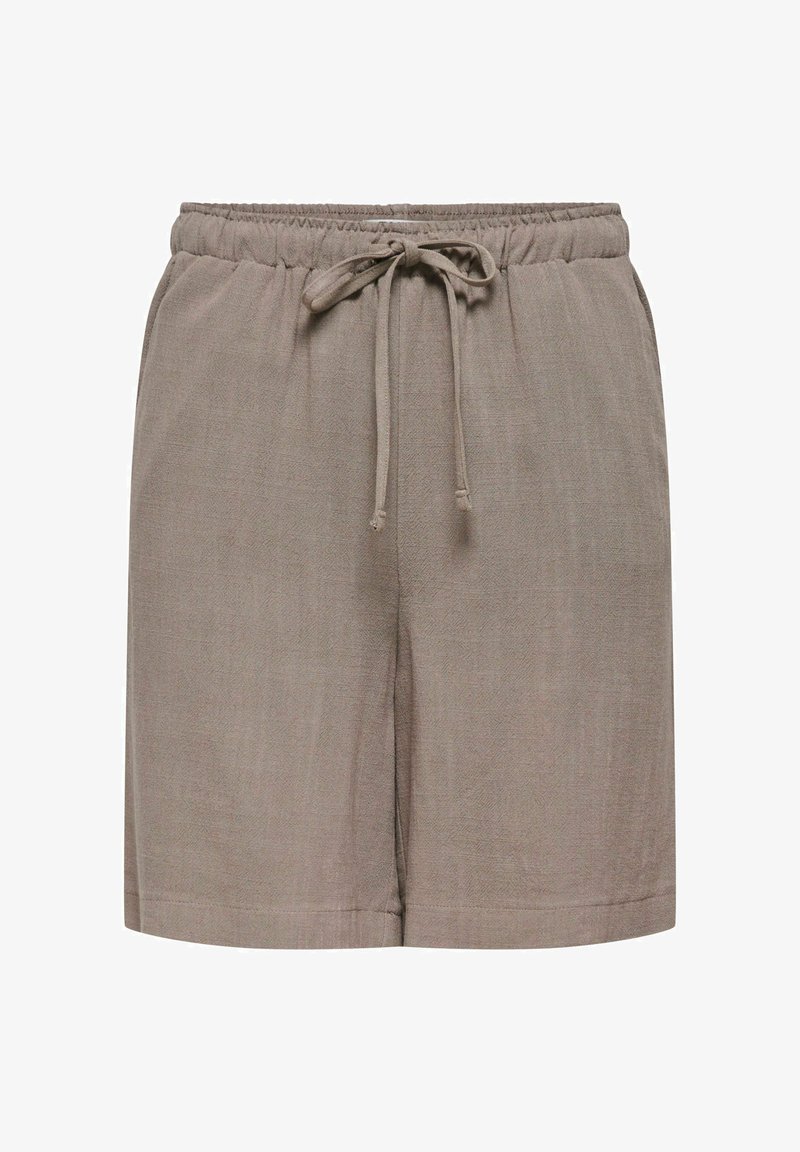 Pantalones cortos informales de color topo con cintura elástica y cordón frontal ajustable, con un corte holgado y longitud hasta la mitad del muslo.