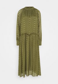 Zelená olivová dlouhá šaty s vysokým výstřihem, zdobené vlnitým vzorem a bílými tečkami. Vyrobeny z průsvitné, lehké tkaniny s nařaseným pasem.