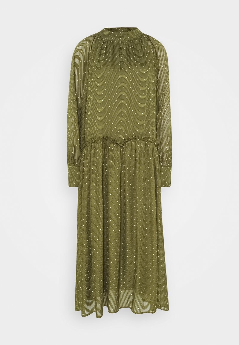 Zelená olivová dlouhá šaty s vysokým výstřihem, zdobené vlnitým vzorem a bílými tečkami. Vyrobeny z průsvitné, lehké tkaniny s nařaseným pasem.