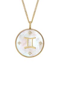 Collana in oro con un ciondolo rotondo in madreperla iridescente che presenta il simbolo dei Gemelli e cinque piccoli accenti a forma di stella.