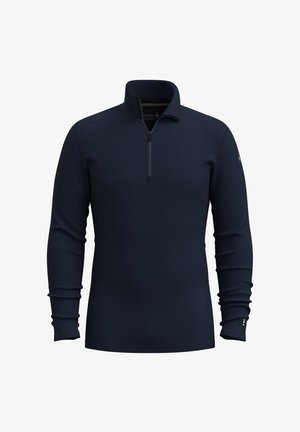 Navy blue pullover with a zip neck, long sleeves, textured fabric, and a fitted design. Features a small logo on the left sleeve.