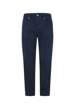 Marineblauwe katoenen broek met een recht model, voorzien van een knoopsluiting, riemlussen en opgerolde manchetten. Inclusief twee zijzakken.