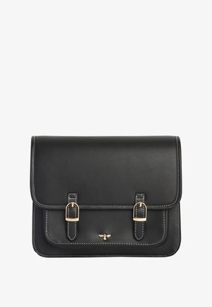 Črna usnjena torba z zapiranjem na pokrov, z zlatim okovjem in belimi šivi. Ima dve nastavljivi zaponki in emblem čebele.