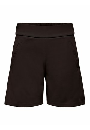 Black knee-length shorts with wide elastic waistband and side pockets, made of smooth fabric.