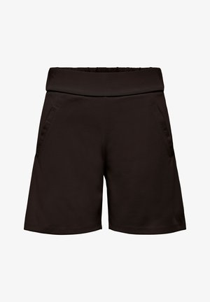 Black knee-length shorts with wide elastic waistband and side pockets, made of smooth fabric.