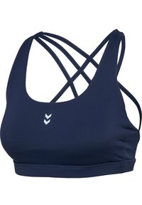 Granatowy stanik sportowy wykonany z elastycznego materiału, z krzyżującymi się ramiączkami i gładką teksturą. Zawiera małe białe logo z przodu.