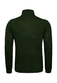 Suéter de punto de manga larga en color verde oscuro con un cuello alto, mostrado desde la parte de atrás sobre un fondo blanco liso.