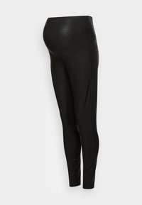 Black leggings with a shiny, crocodile texture design, featuring a high waistband and a fitted silhouette for a snug fit.